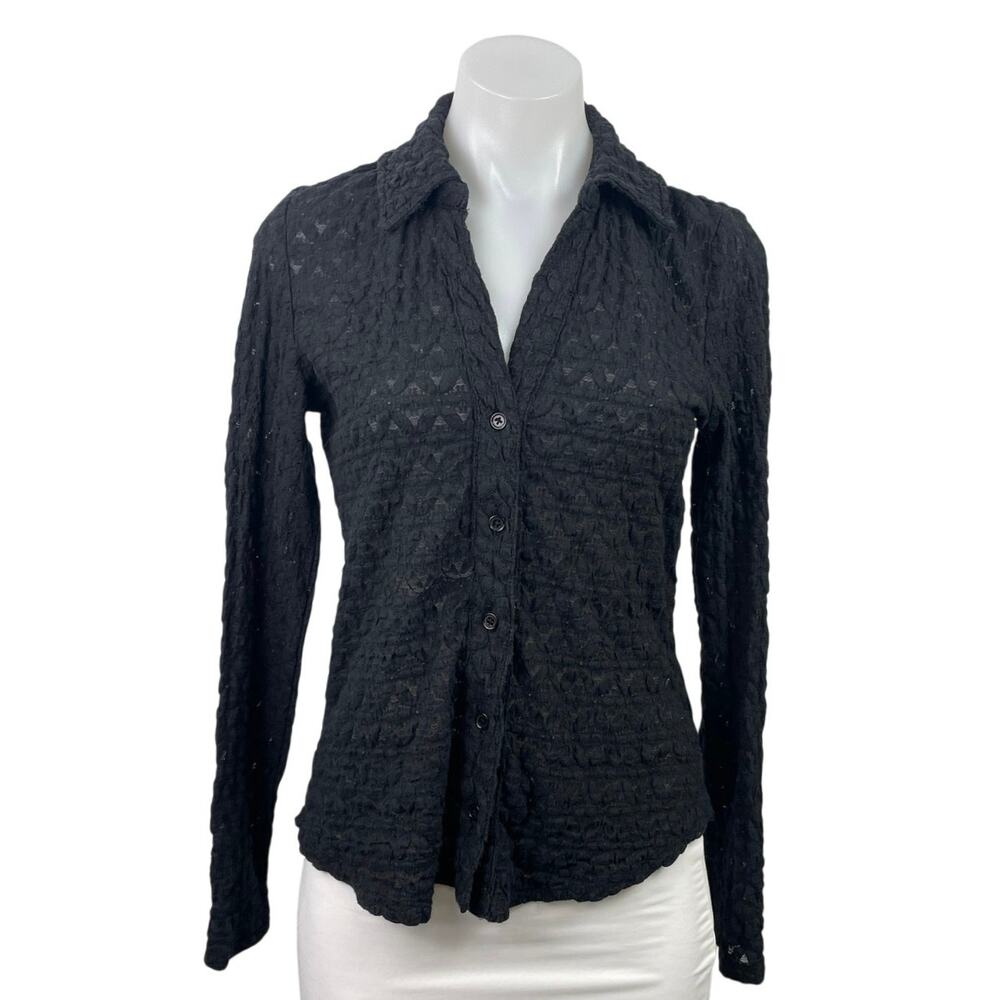 Sanctuary Black Lace Textured Long Sleeve Collared Button Down Shirt Top Size M